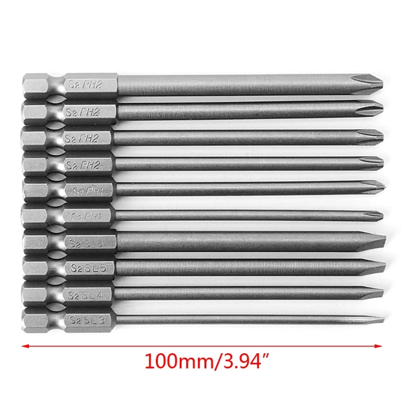 

D08D 10 Pcs Magnetic Slotted PH2 Screwdriver Bit S2 Steel 1/4 Hex Shank 100mm