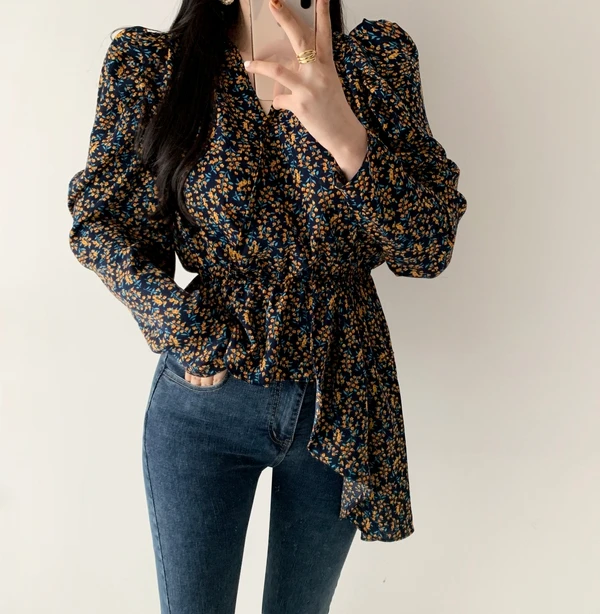 Женские блузки с цветочным принтом в Корейском стиле асимметричные туники