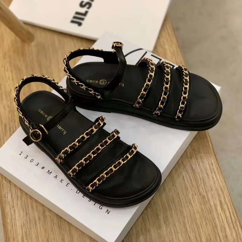 

New Thick Bottom Platform Sandals Women Narrowband Chain String Open Toe Flat Sandals Summer Brand Casual Beach Shoes Mujer