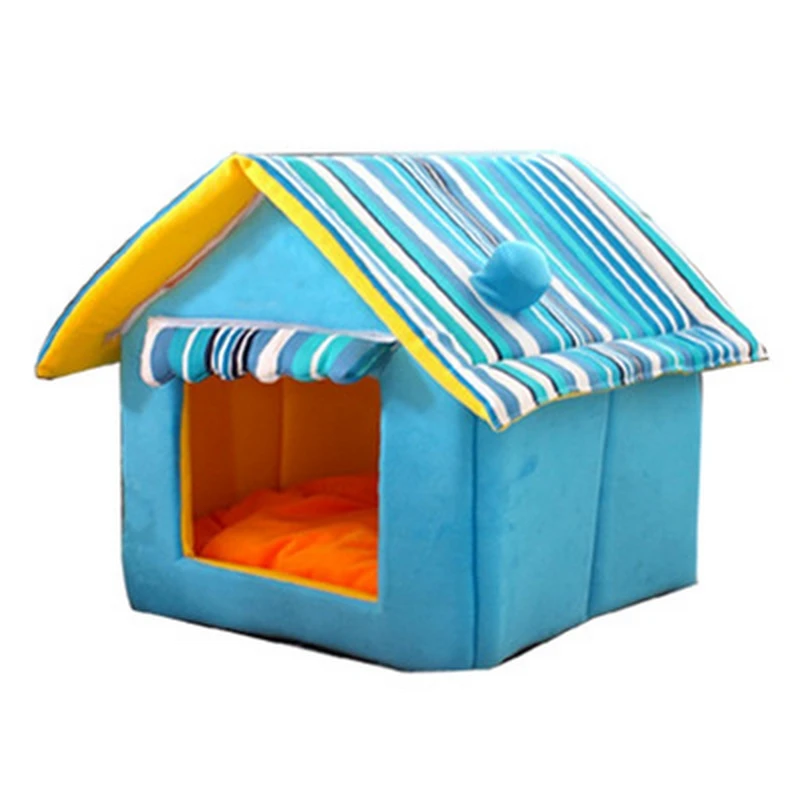 

CN Dog House Villa Portable Pet Cage Beds Striped Removable Cover Mat Bed Folding Puppy Kennel Cat Bed Nest Tent For Sleeping