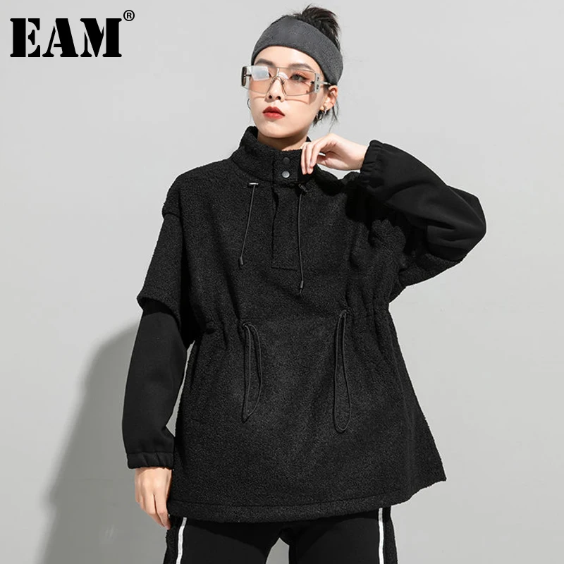 

[EAM] Loose Fit Black Drawstring Sweatshirt New Turtleneck Long Sleeve Women Big Size Fashion Tide Spring Autumn 2022 1DE2680