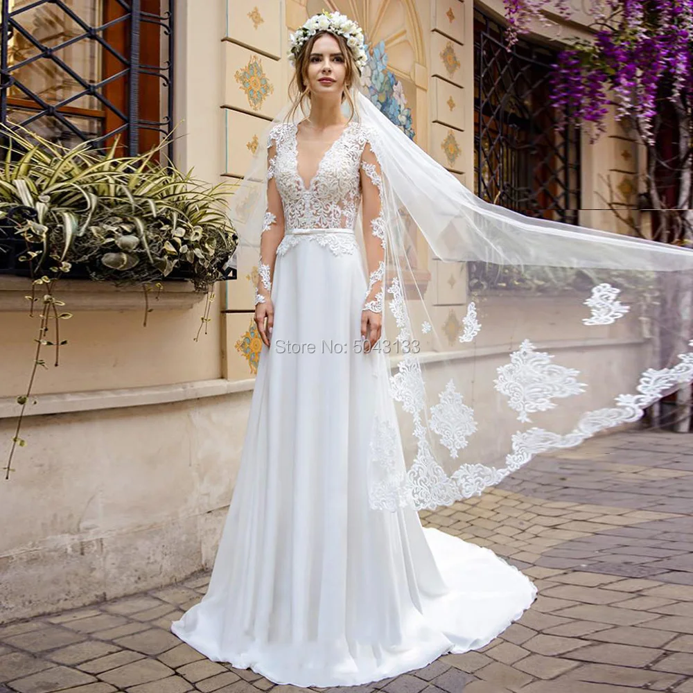 Chiffon Boho Wedding Dresses 2021 Deep V Neckline Lace Appliques Long Sleeves Bride Wedding Gowns Beach Sweep Train Vestido