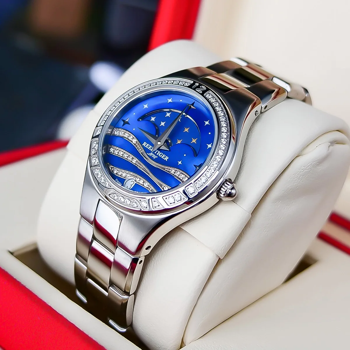 Женские наручные часы Reef Tiger/RT повседневные из нержавеющей стали синего цвета с