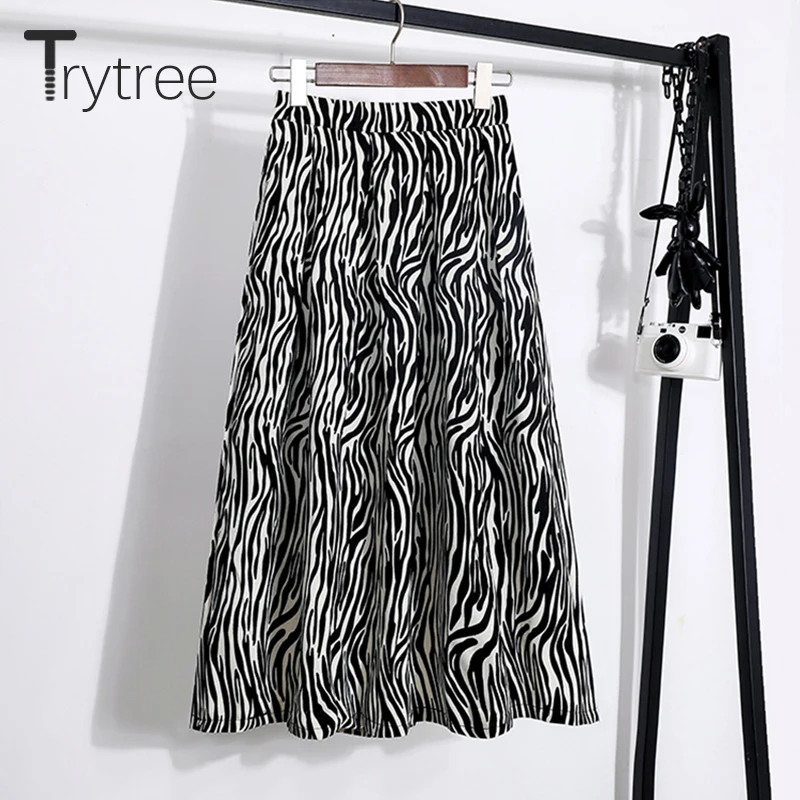 

Trytree 2020 Spring Autumn Casual Woman Skirt Elastic Waist A-line Zebra Striped Fashion Mid-Calf Silky Office Lady Skirt