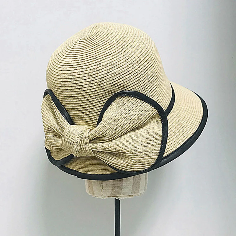 

New Fashion Big Bow Bucket Straw Hat Packable UPF Straw Sun hat Women Summer Beach Hat Ladies Wide Brim Fedora Derby Travel Hat