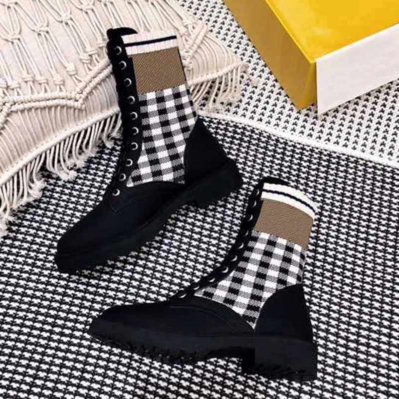 

New Black Gingham Boots Spring Autumn Brand Design Round Toe Leather Women Shoes Vintage Fashion Female Boots