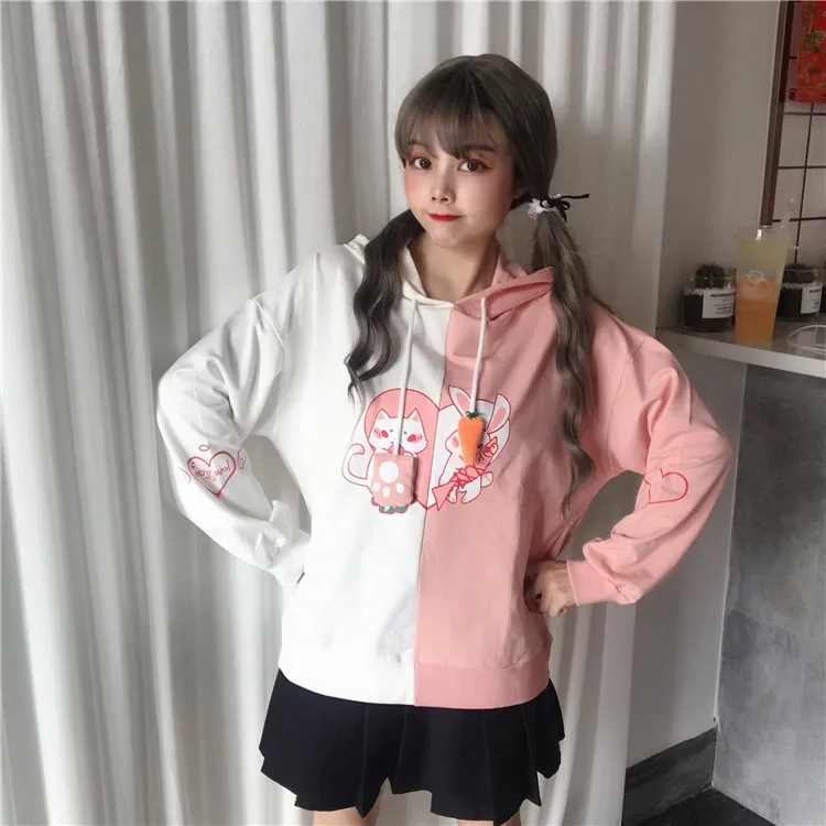 Женская толстовка Kawaii с заячьими ушками и милым кроликом котом, милая Толстовка Harajuku, мягкий розовый пуловер с аниме для девочек, спортивная одежда