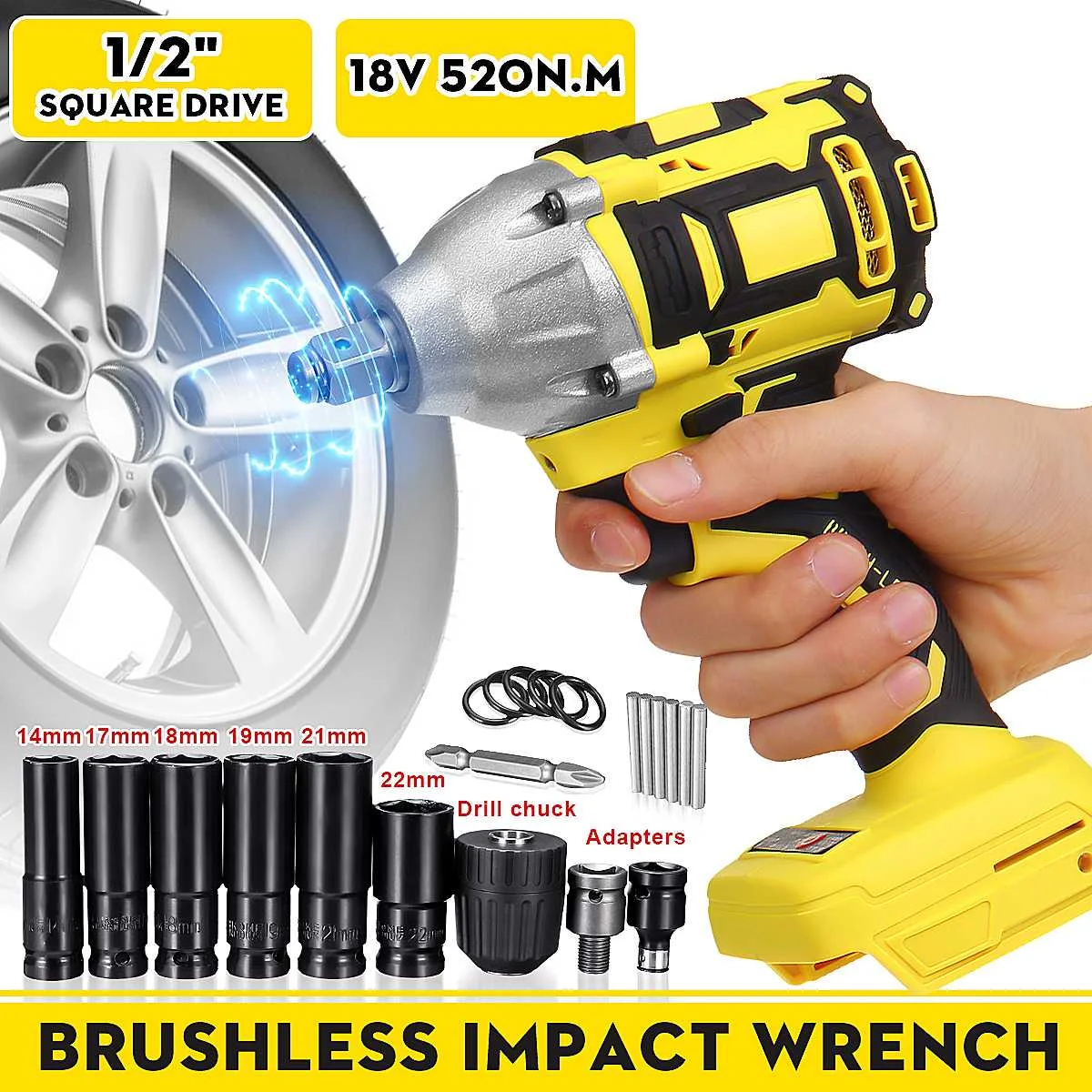 

520N.m Cordless Impact Wrench Rechargeable Wrench Brushless Cordless Electric Screwdriver Power Tool Drill for Makita Battery
