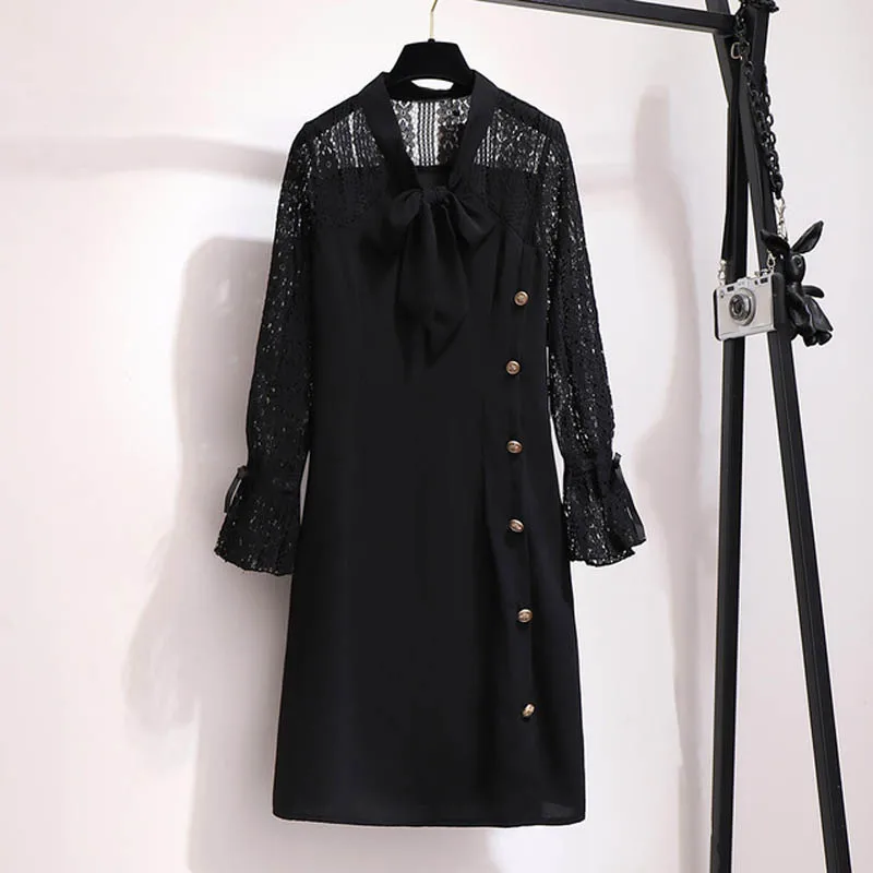 Осеннее женское платье, большие размеры, обхват груди 145 см, 5XL 6XL 7XL 8XL 9XL, женское платье черного цвета