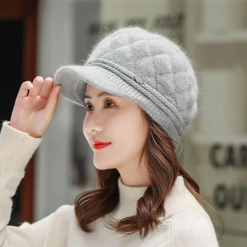 Autumn Winter Hats for Women Warm Thick Rabbit Fur Hats Women Newsboy Berets Ladies With Woolen Knitted Hat Female Caps