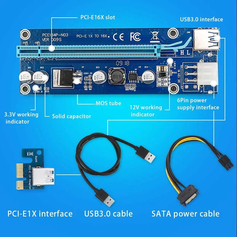 Переходник PCI-E 16X на 1X USB 3 0 внешний кабель питания SATA 15 контактов штекер-6 разъем