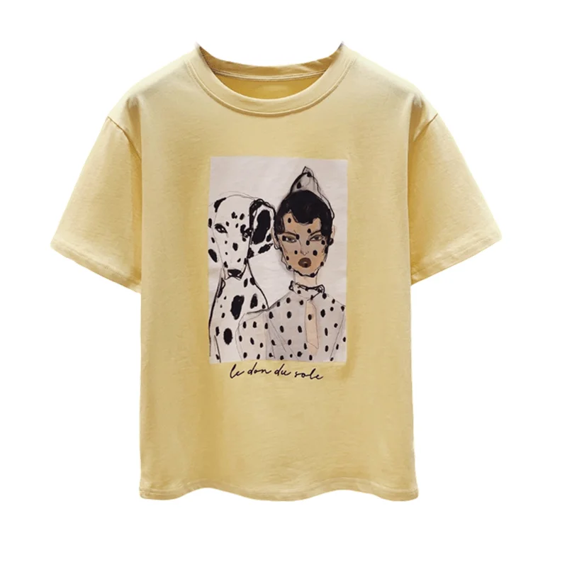 

2021 Summer New Harajuku Style Dog Design Printed Short Sleeve T-Shirt Women White Loose O-Neck Tops T8652