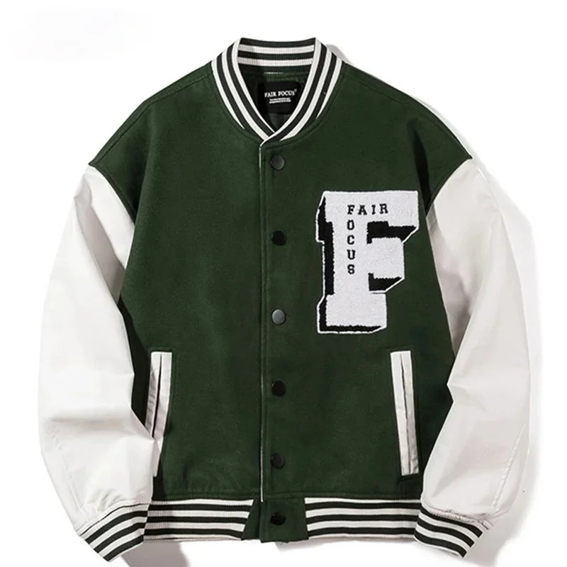 

Hip Hop Baseball Jacket Men Women 3D Letter F Japanese Streetwear Harajuku College Leather Patchwork Bomber Women Varsity Jacket