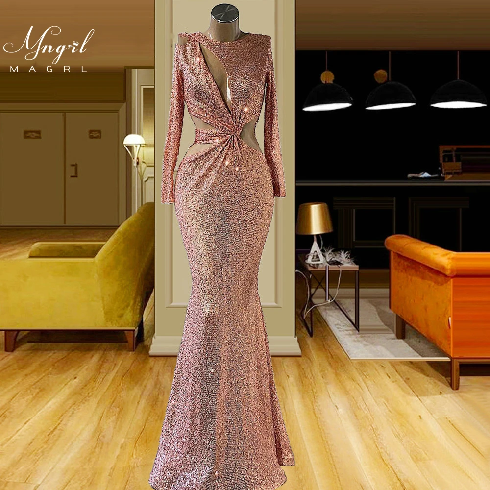 

MNGRL Luxury Evening Dress One-shoulder Long Sleeves Hand-applied Diamonds Glittering 2021 New Evening Dress Party Dress