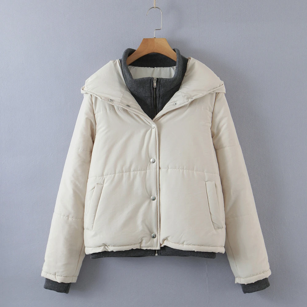 

Women's Winter Hooded Quilted Jacket Beige 2 Pockets Hooded Patchwork Warm Thick Loose Casual Girls Puffer Padding Coat