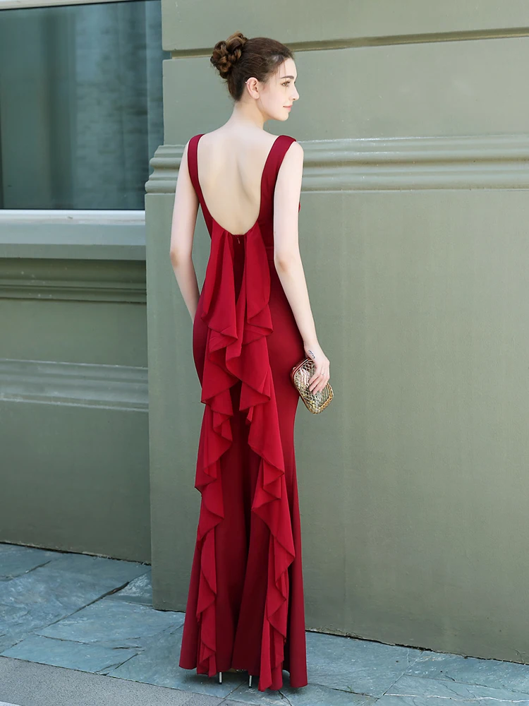 Женское вечернее платье с круглым вырезом без рукавов воланом|Вечерние платья| |