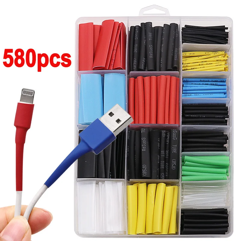 

580PCS Box Heat Shrink Tube Kit Shrinking Assorted Polyolefin Insulation Sleeving Heat Shrink Tubing Wire Cable Sleeve