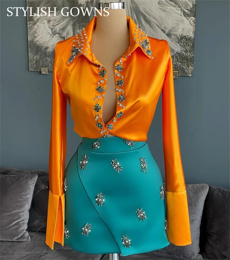 Оранжевое короткое платье из двух частей для выпускного вечера коктейльное