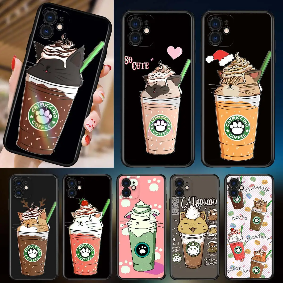 

Phone Case Cute Cat With Coffee For Apple iPhone 13 12 11 SE XS XR X 7 8 6 5 S mini Plus Pro MAX 2020 Black Soft Cover