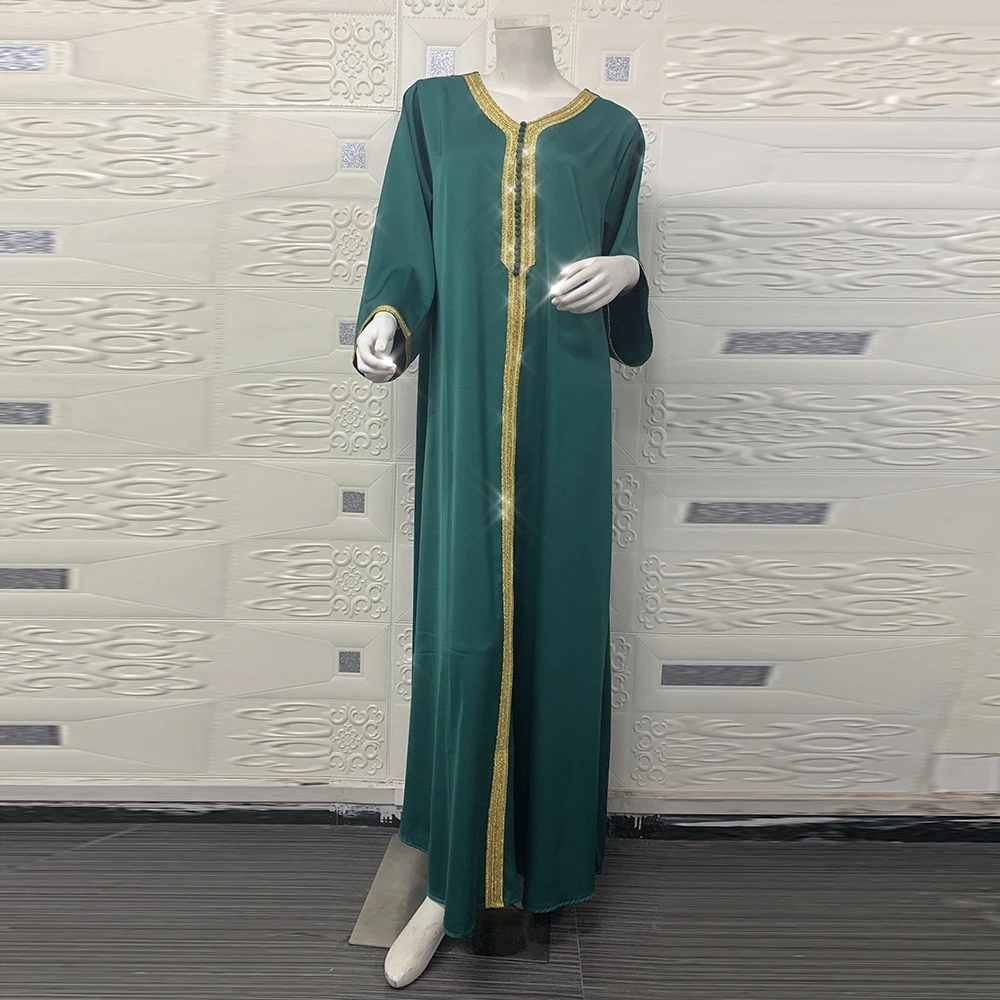 

Arabic Dresses for Women Muslim Abaya Hijab Gown Golden Ribbon Patchwork Long Sleeve Maxi Dress Turkey Isalmic Clothing Satin