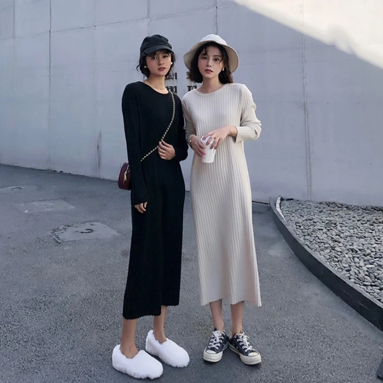 

Design Niche Temperament Long Sleeve Inner Wear Base Knitting Dress below the Knee Sweater Dress Women's Clothing Autumn Winter