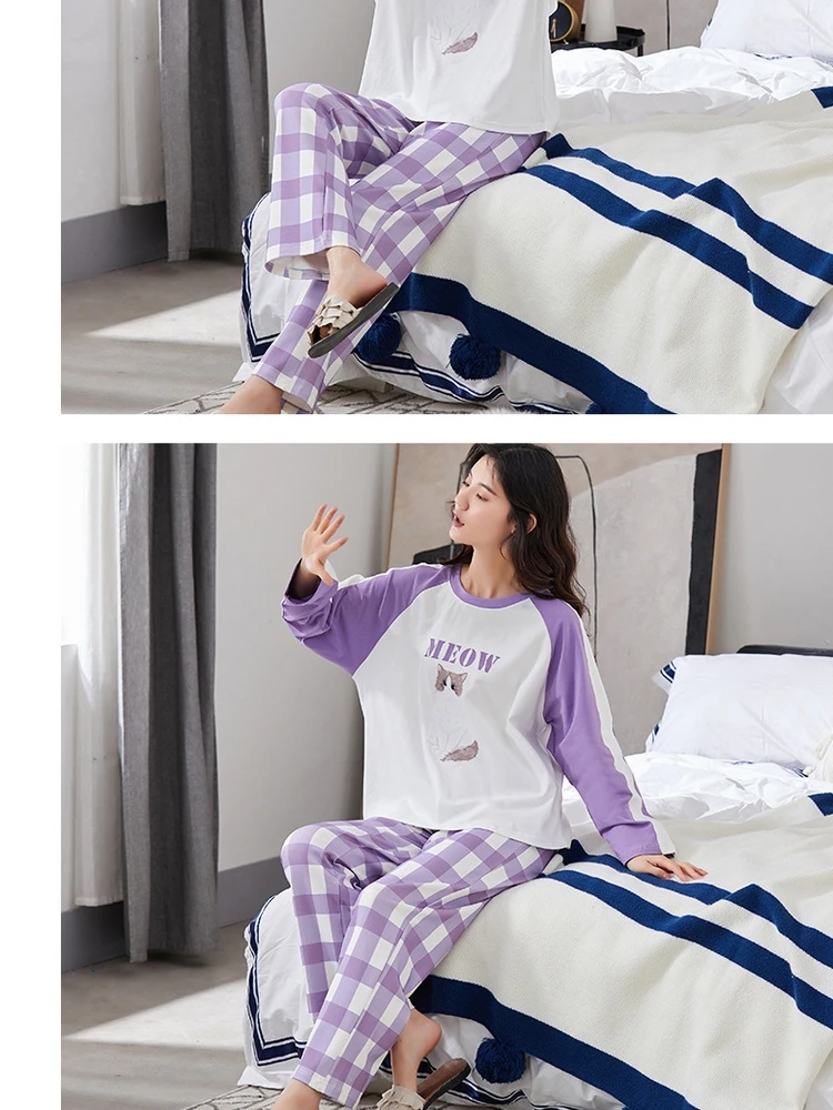 

Pajamas women's spring and autumn knitted cotton long-sleeved Korean style summer thin style outing home service two-piece suit