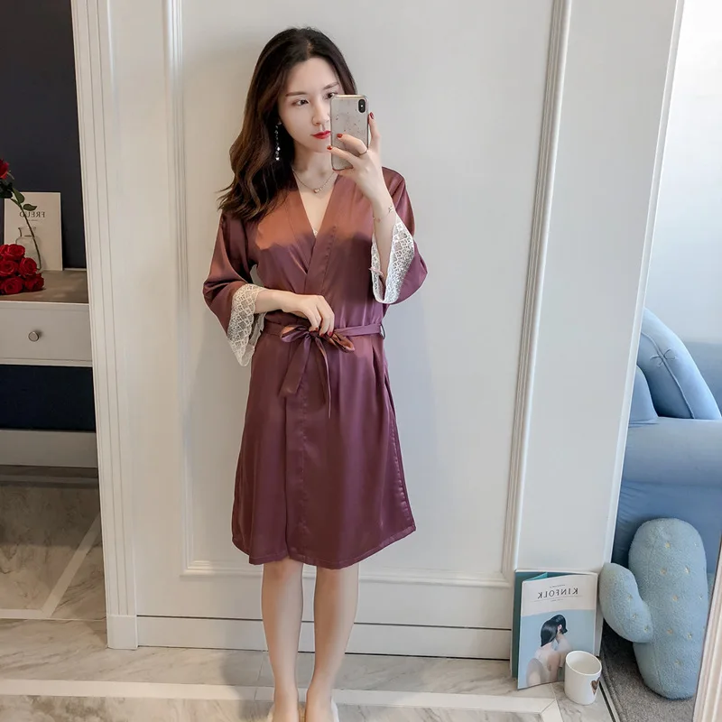 

Kimono Gown With Lace Satin Women Robe Summer New Nightwear Home Dressing Sexy Sleepwear Gown Loose Intimate Lingerie Homewear