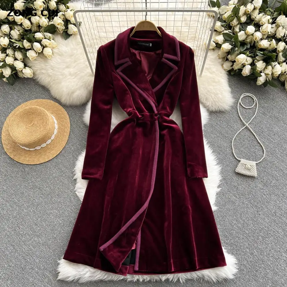 

Women's Coat Winter Designer Women Vintage Notched Collar Wrap Black Velvet Maxi Coat Thick Warm Long Trench Coat Outwear Dress