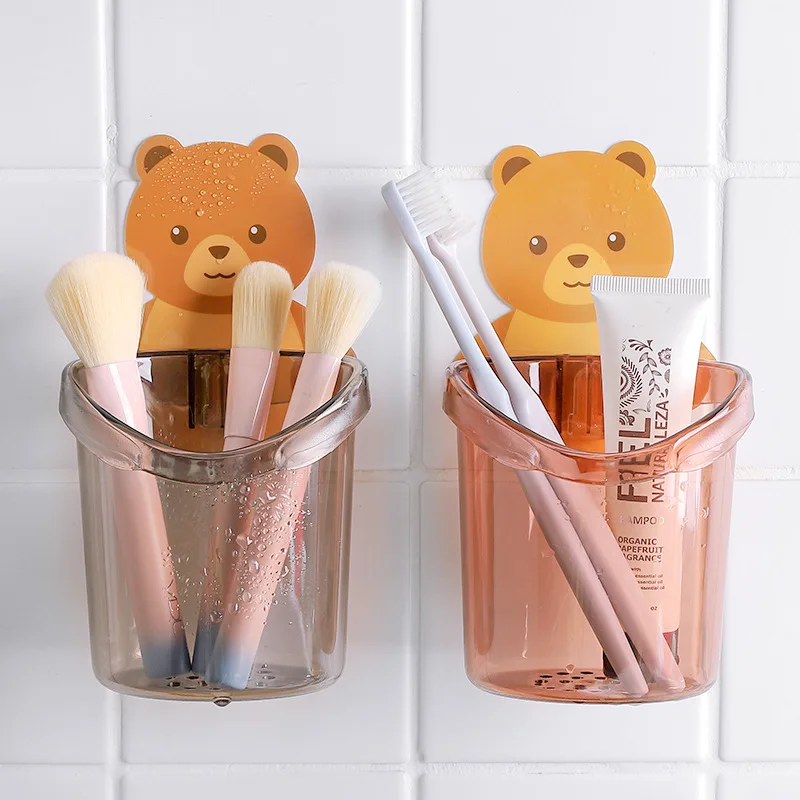 

Cartoon Bear Toothbrush Holder Toothpaste Storage Rack Shaver Wall-Mounted Tooth Brush Cup Bathroom Organizer Accessories Tools