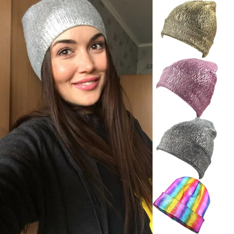 Женская Вязаная Шапка бини металлического цвета весенние однослойные