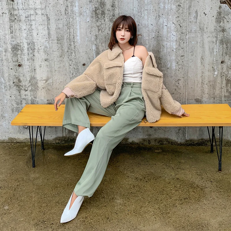 Женская Короткая Меховая парка Shearling винтажное Короткое шерстяное пальто