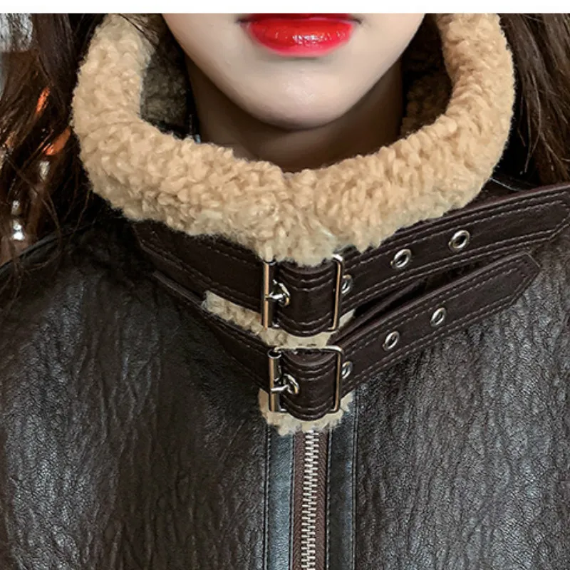 

Autumn and winter new lamb fur and fur all-in-one motorcycle jacket female stand-up collar thickened short leather clothing tide