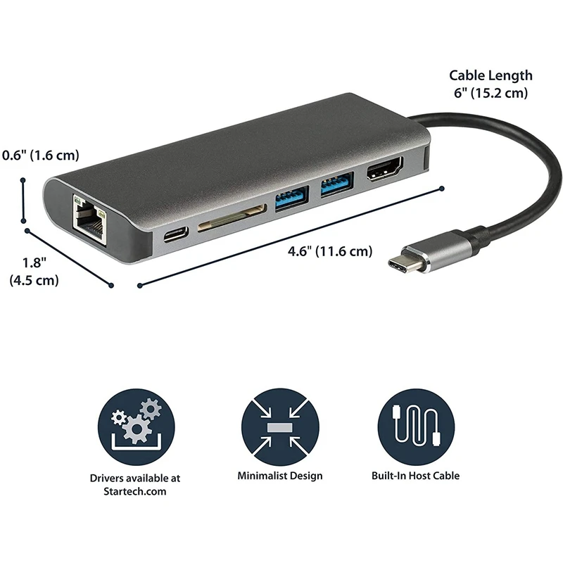 

6-In-1 USB C Hub - 4K USB C to HDMI - 60W USB C PD - SD Card Reader - 2 USB 3.1 Ports - Portable, Durable Aluminum Case