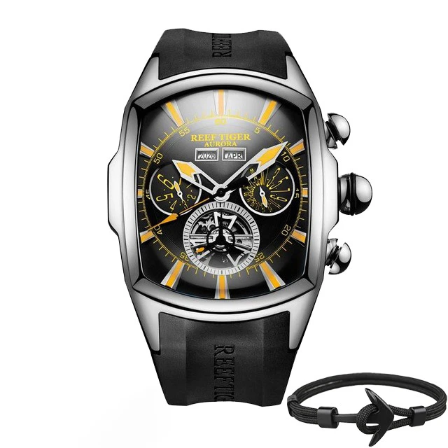 Топ бренд Reef Tiger Reloj Hombre Роскошные Tourbillon циферблат автоматические часы с резиновым ремешком механические водонепроницаемые мужские часы даты Relogio Masculino+ подарок - Цвет: RGA3069YBBG Box Gift
