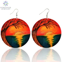 somesoor beautiful scenery paint artistic wooden drop earrings afrocentric ethnic printing wood dangle jewelry for women gifts