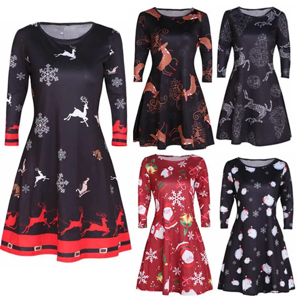 Большой Размеры женское платье с длинным рукавом круглой горловиной рисунком