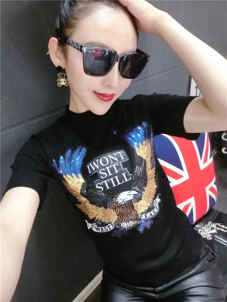 

Large size 2021 Women's spring and autumn Sequins short sleeves T shirts Lady Eagle Sequined T-shirt Fashion Cotton Tops