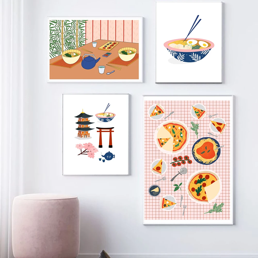 

Cartoon Anime Multicolored Wall Art Canvas Painting Ramen Picture Pizza Party Posters and Prints Gallery Kids Kitchen Home Decor