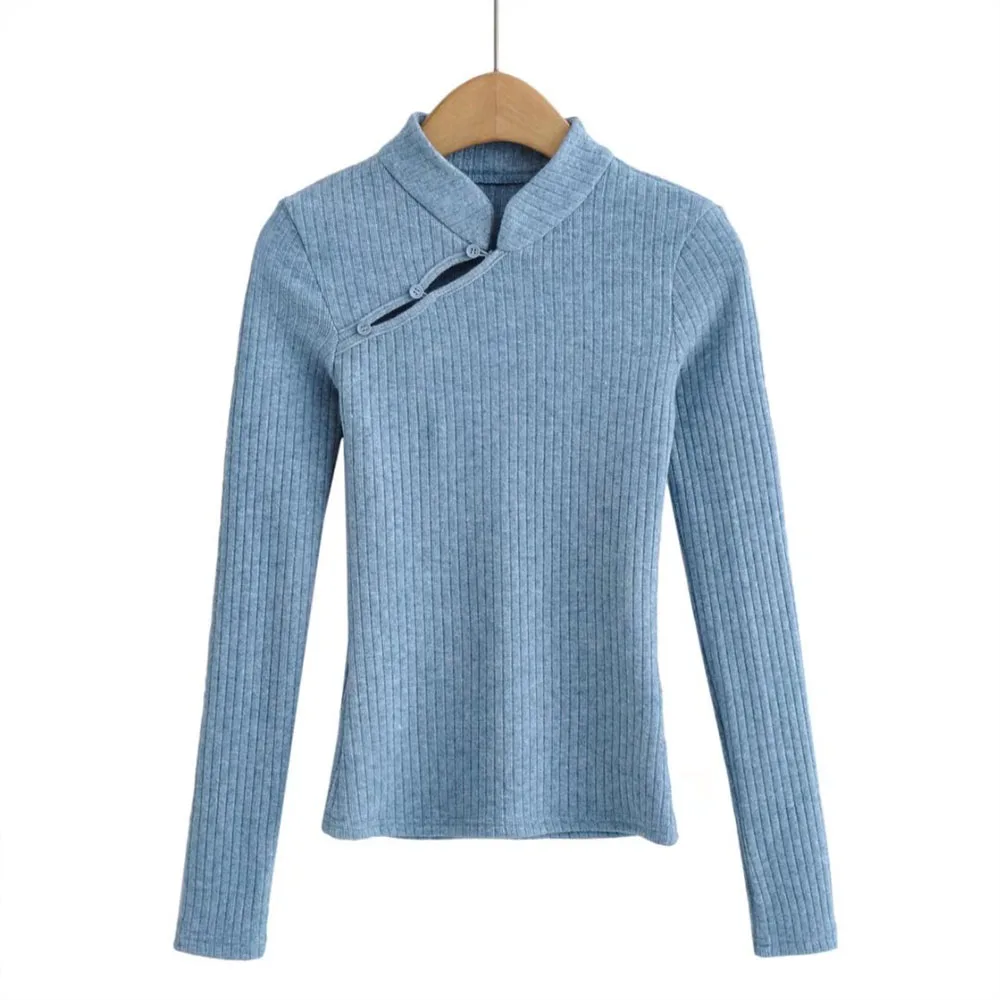 

2022 Ladies New Fashion Cheongsam Collar Knit Shirt Vintage Long Sleeve Button Blouse Blusas Chic Top