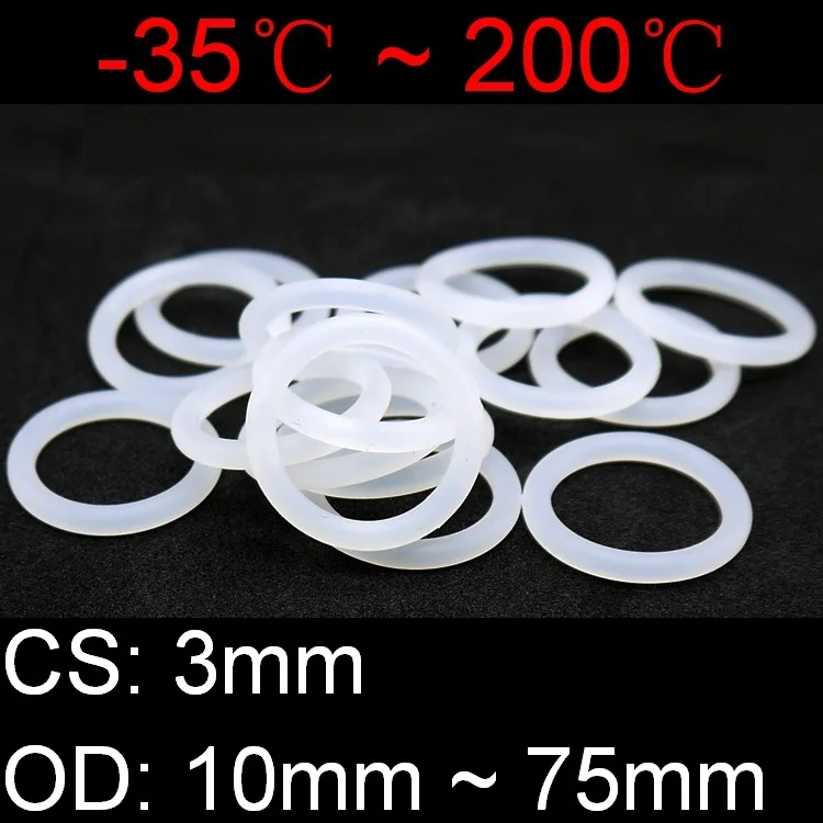 

50pcs VMQ O Ring Seal Gasket Thickness CS 3mm OD 10 ~ 75mm Silicone Rubber Insulated Waterproof Washer Round Shape White Nontoxi