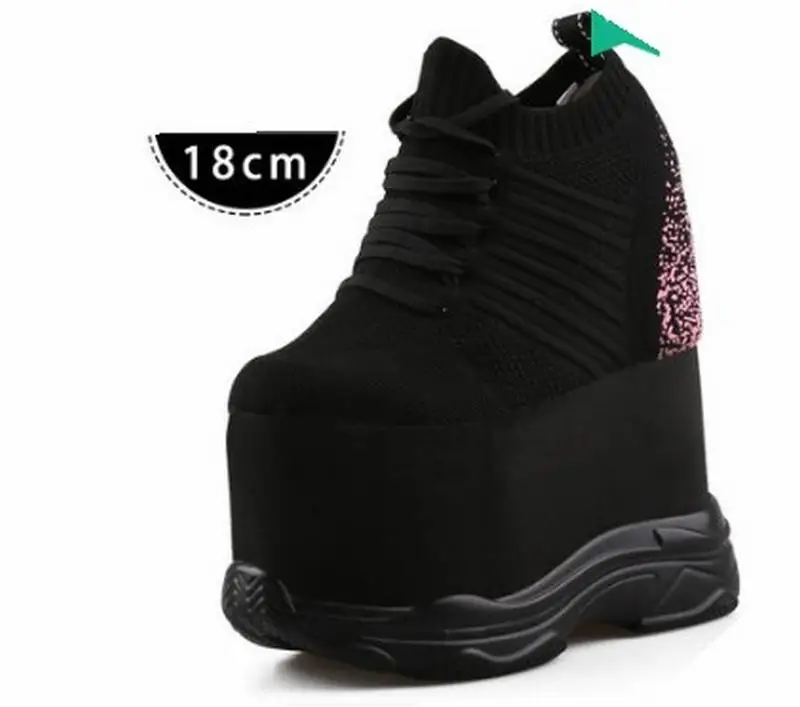 black 18cm Cyabmoz/женские кроссовки на высоком каблуке, увеличивающие рост; дышащая обувь на платформе; женская повседневная обувь; Tenis feminino - Цвет: black 18cm