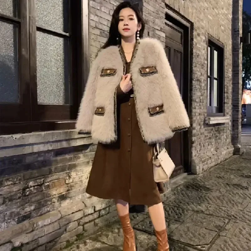Winter Imitation Fur Coat Female Furry Winter 2022 Short Coffee Color Thickened Warmth Young Fur One Western style M151