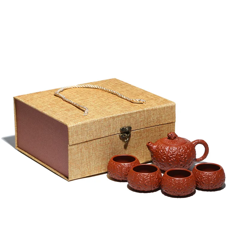 

Yixing purple clay teapot, Golden Toad wrinkled skin Teapot Set, one pot, four cups, wholesale Dahongpao tea set by Yuzhong sand
