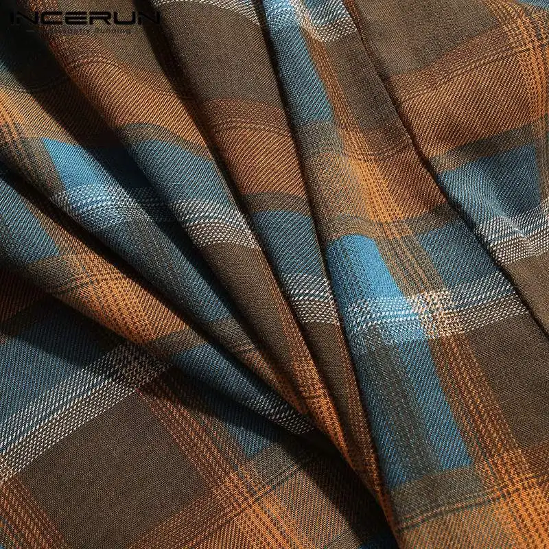 

2021 Summer Men Plaid Shirt Cotton Stand Collar Short Sleeve Vintage Tops Camisas Streetwear Beach Men Hawaiian Shirts INCERUN