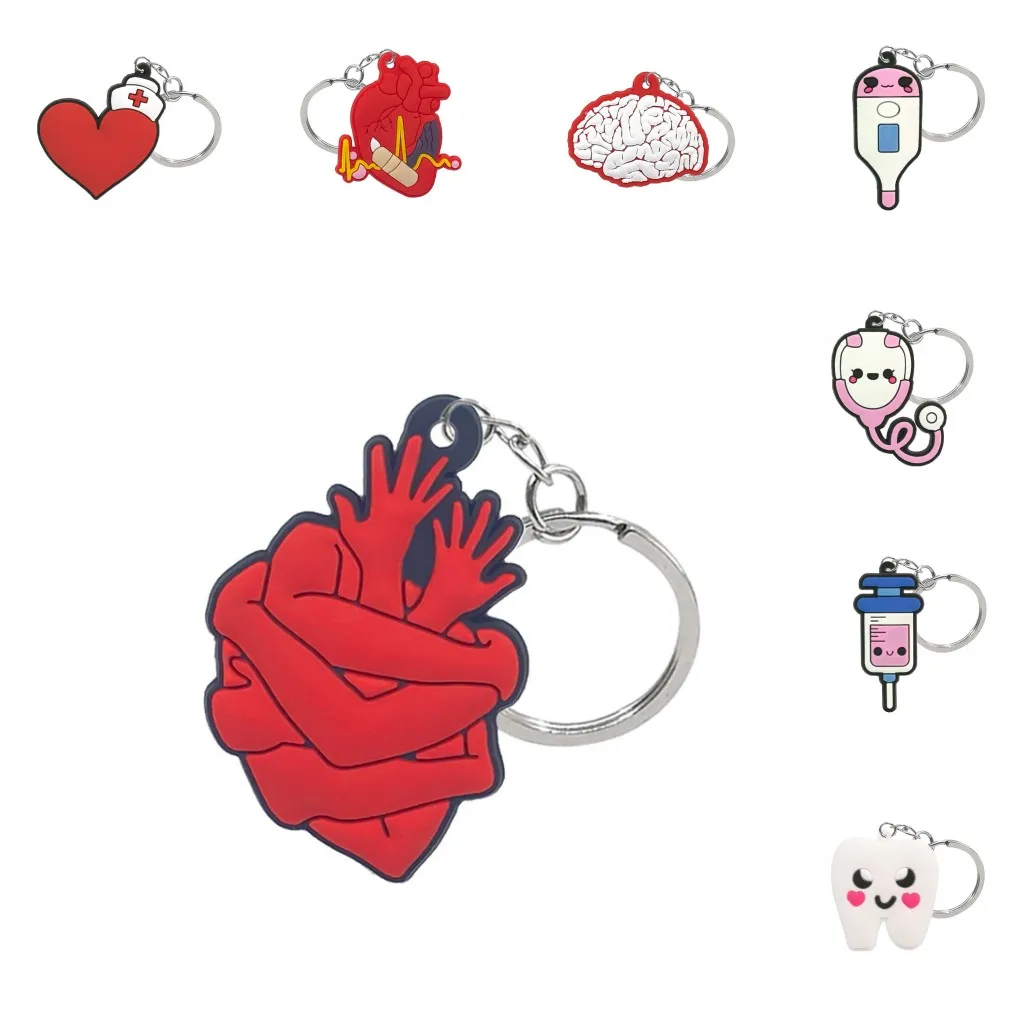 

100PCS PVC key ring lovely medicine series cartoon key chain heart pill tooth brain anime key holder fit nurse keys decorations