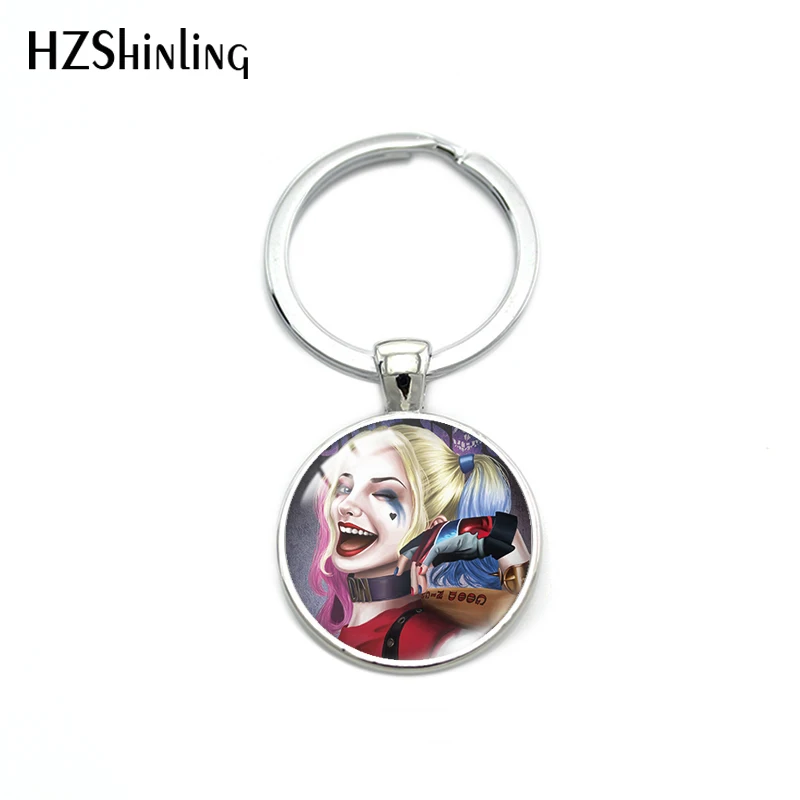 HZSHINLING Новая мода отряд самоубийц Харли Куинн петтерн брелок для ключей круглой формы стеклянные Кулоны Подвески Брелок