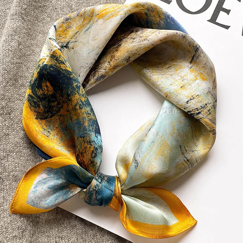 

100% Natual Silk Square Scarf Women Print Hijab Designer Hairband Poncho Neckerchief Female Headband 2022 Vintage Shawl Bandana