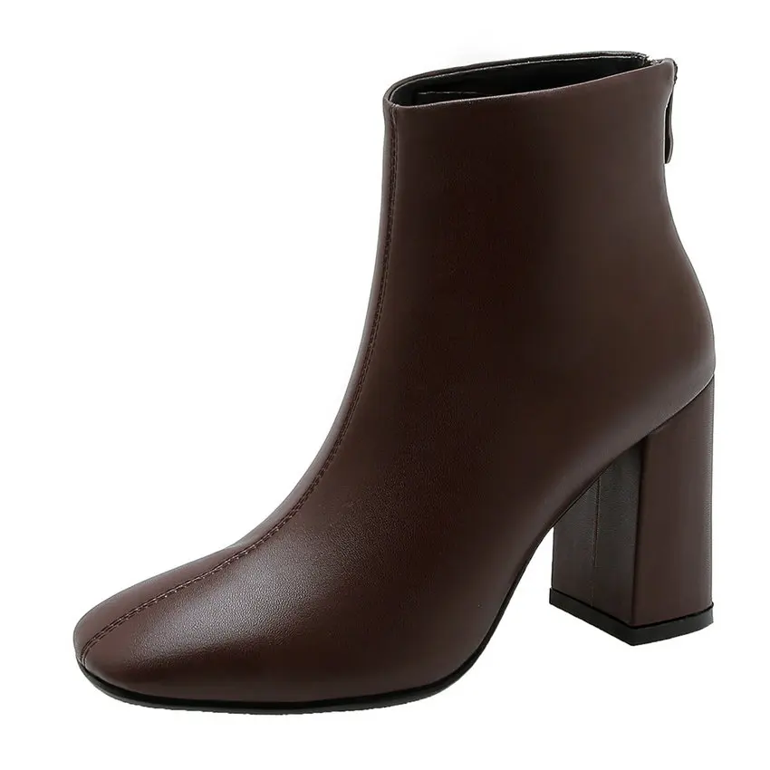 Deep red QUTAA PU Leather Ankle Boots Super Square High Heel Women Shoes Zipper Autumn Pointed Toe Motorcycle Casual Big Size 34-43 - Цвет: Deep red