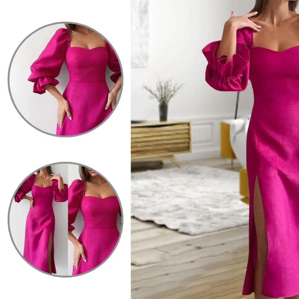 

Skin-friendly Retro Square Collar Women Party Dress Autumn Autumn Dress Solid Color for Travel