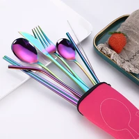 creative 304 stainless steel tableware titanium plated portable bone bag tableware 8 piece set spoon chopsticks straws set